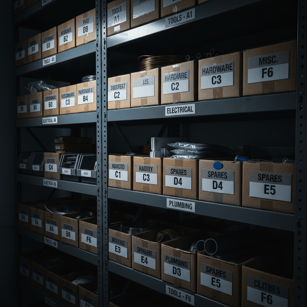 Organized inventory shelving with labeled boxes