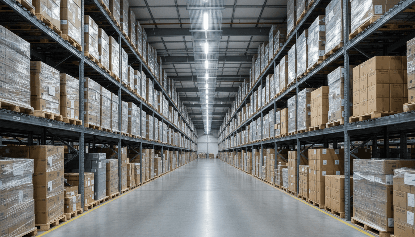 Organized warehouse interior with neat shelving and accessible inventory layout