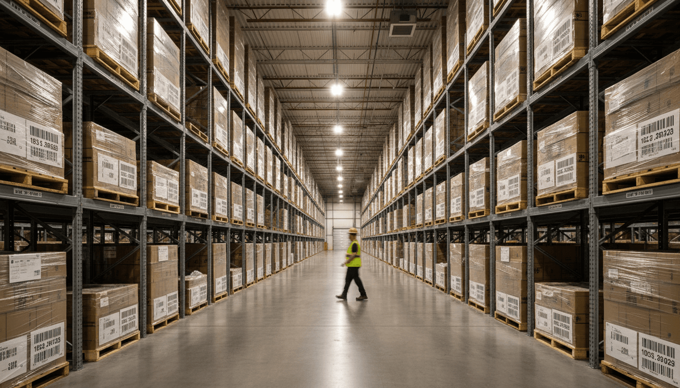 Organized warehouse shelves and inventory storage at Sanpete Warehouse in Ephraim, Utah