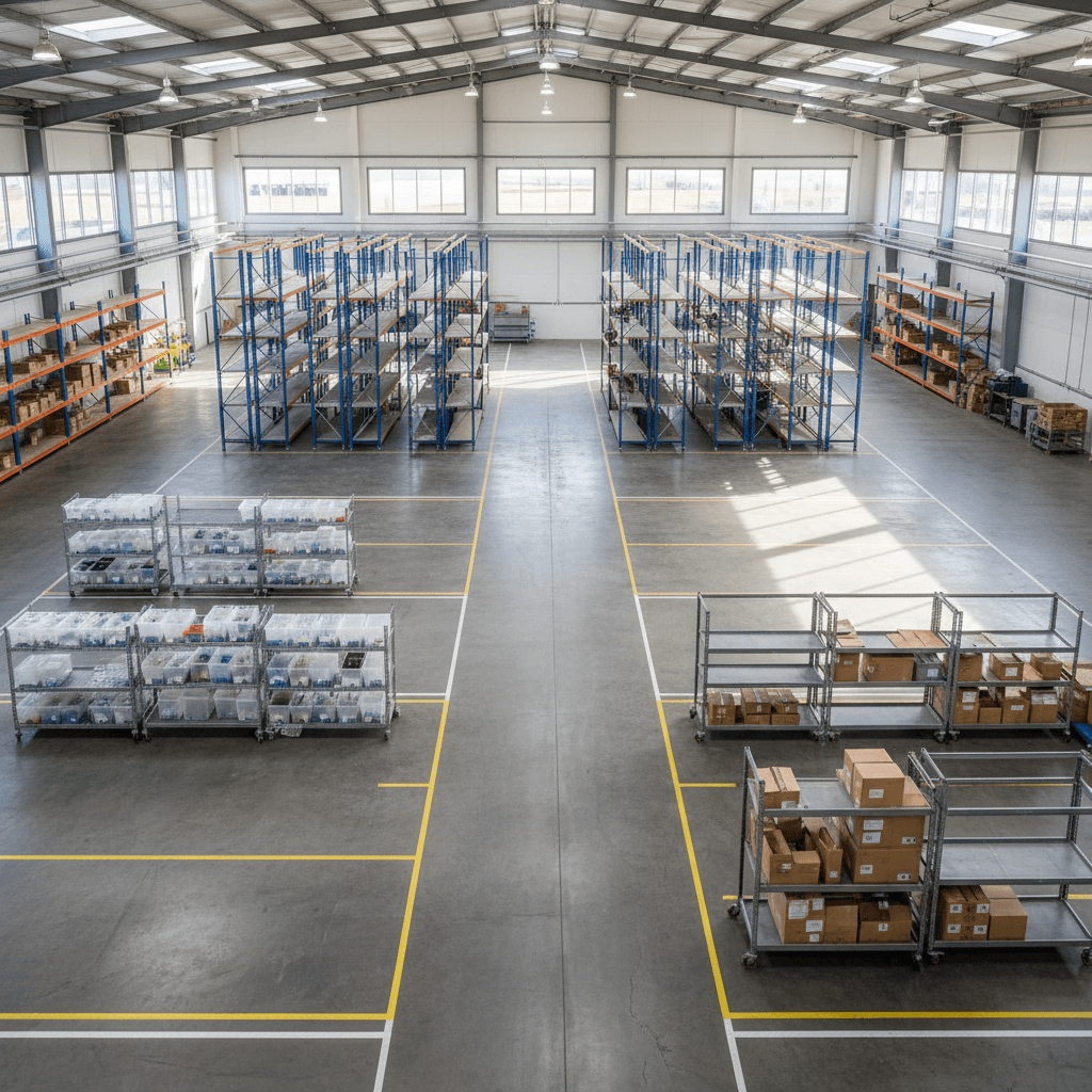 Overhead view of flexible warehouse layout with adaptable storage zones
