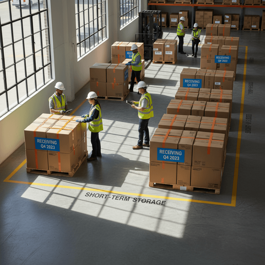Short-term storage area with incoming shipment being organized