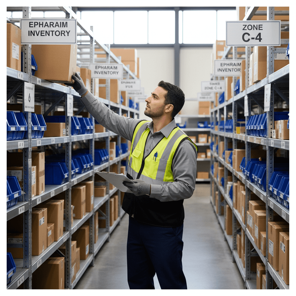 Warehouse worker retrieving organized inventory from shelving system