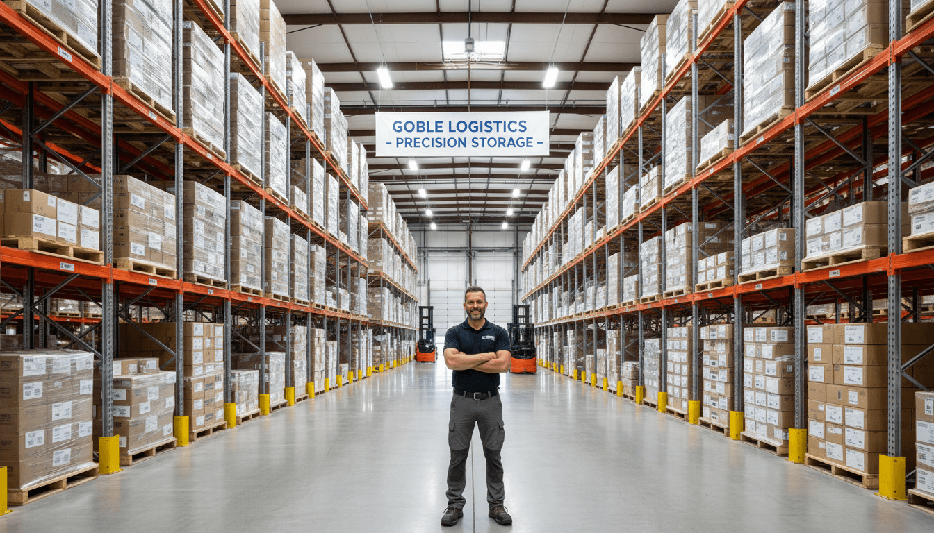 Jason Goble standing in Sanpete Warehouse storage facility with organized inventory on shelves