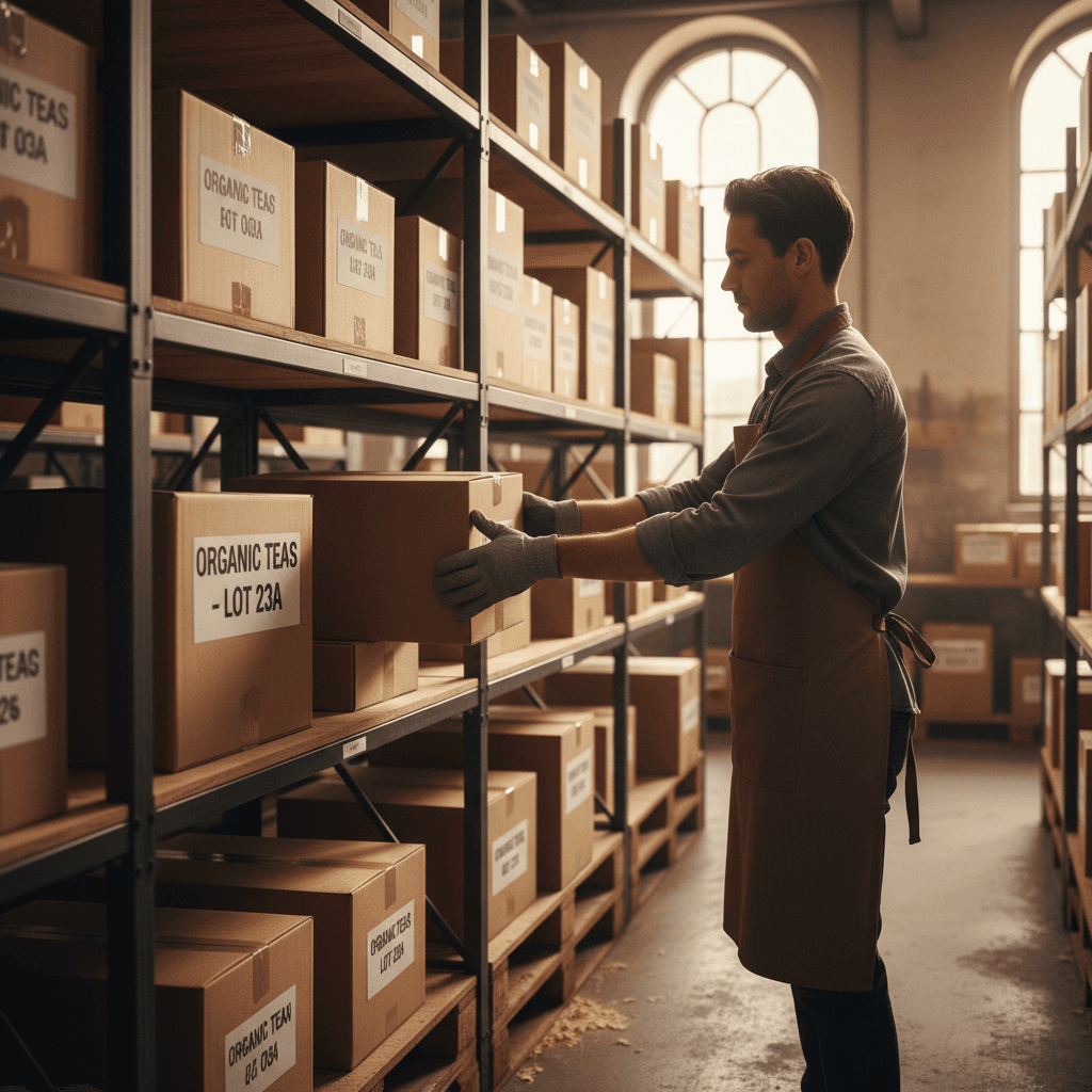 Warehouse worker organizing inventory on shelving units