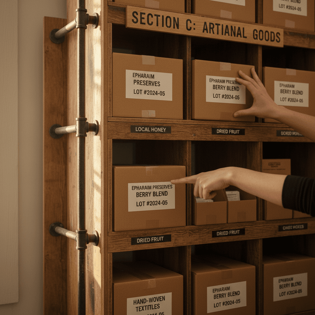 Close-up of clearly labeled warehouse inventory with easy access points