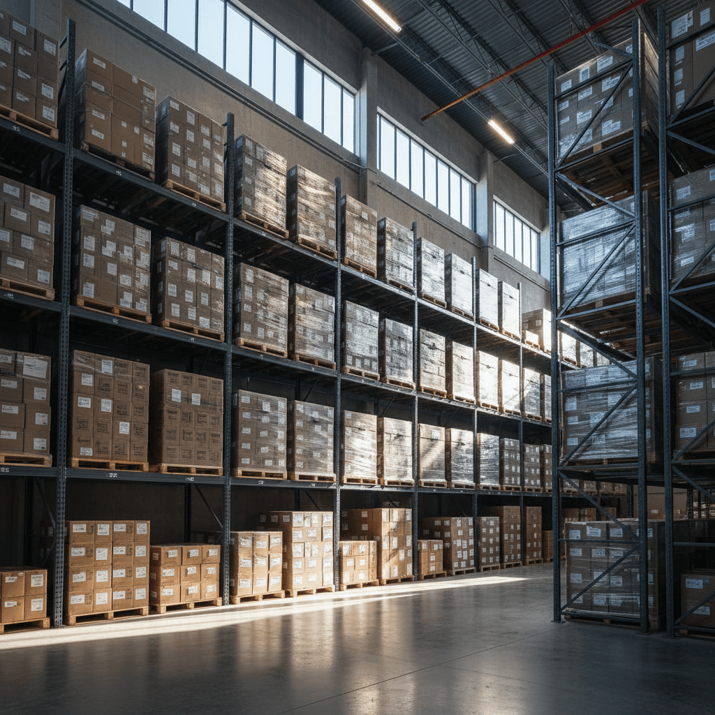 Secure warehouse storage facility with organized shelving units