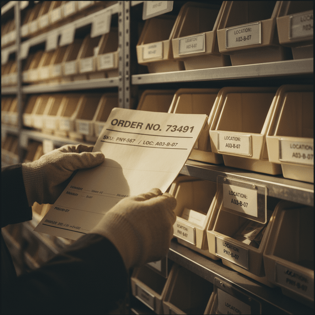 Warehouse staff using inventory system to locate and retrieve products