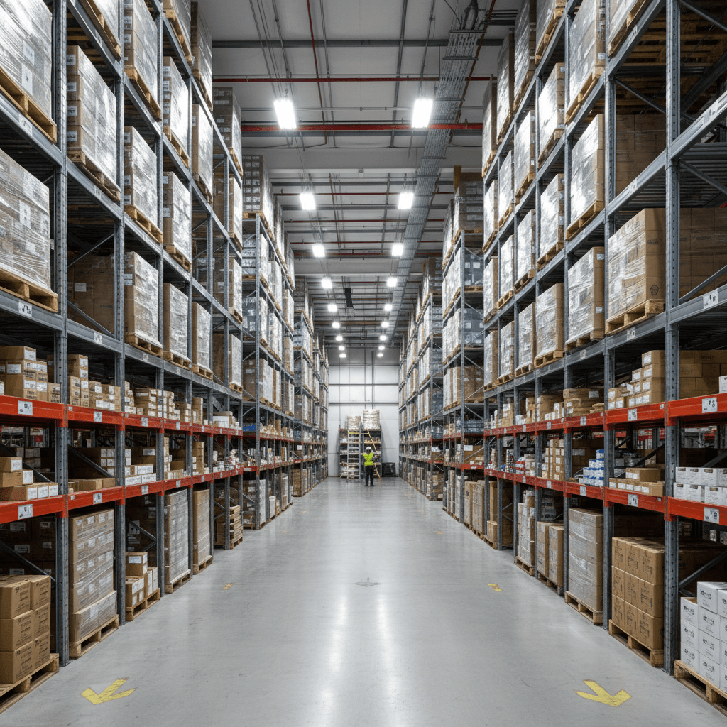 Secure warehouse storage facility with organized shelving and inventory
